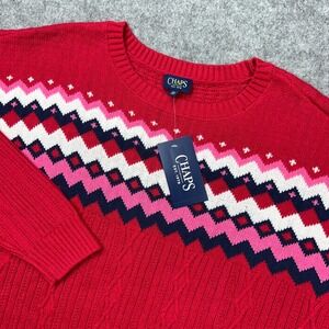 Chaps Sweater Womens 2X Red Striped Pattern Cable Knit Holiday Pullover NEW